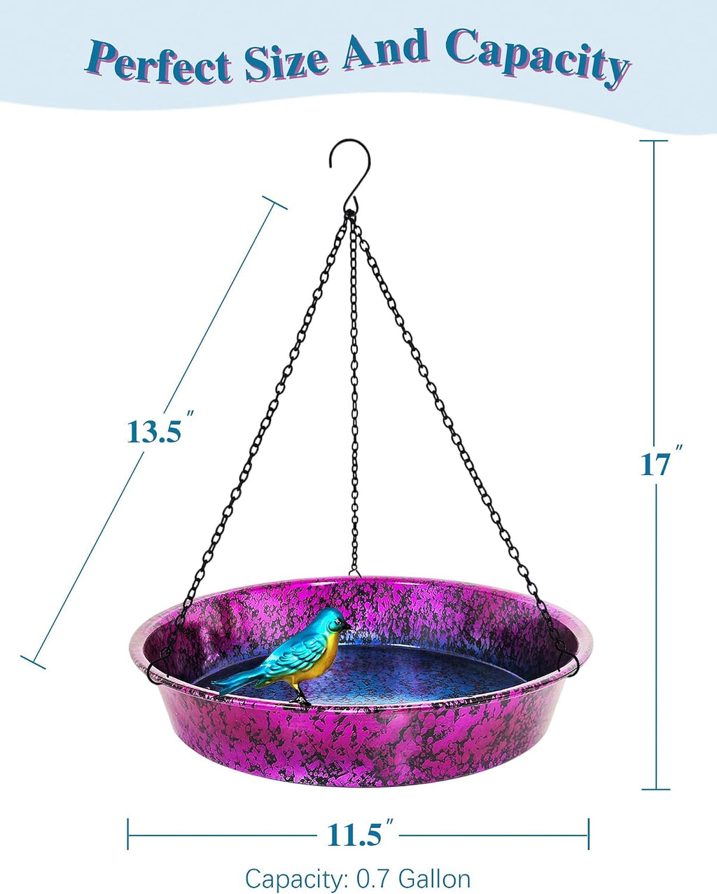 Hanging Bird Bath & Feeder, 11.5" Metallic Purple/Blue Metal Birdbath Bowl