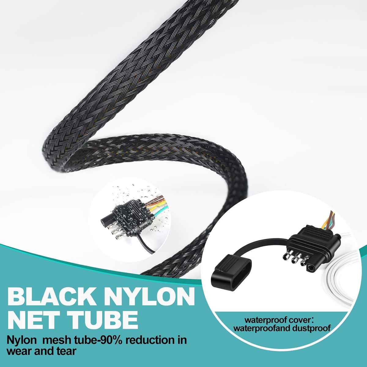 22FT 4 Pin 5 Wire Trailer Wiring Harness with Nylon Net Tube Guard