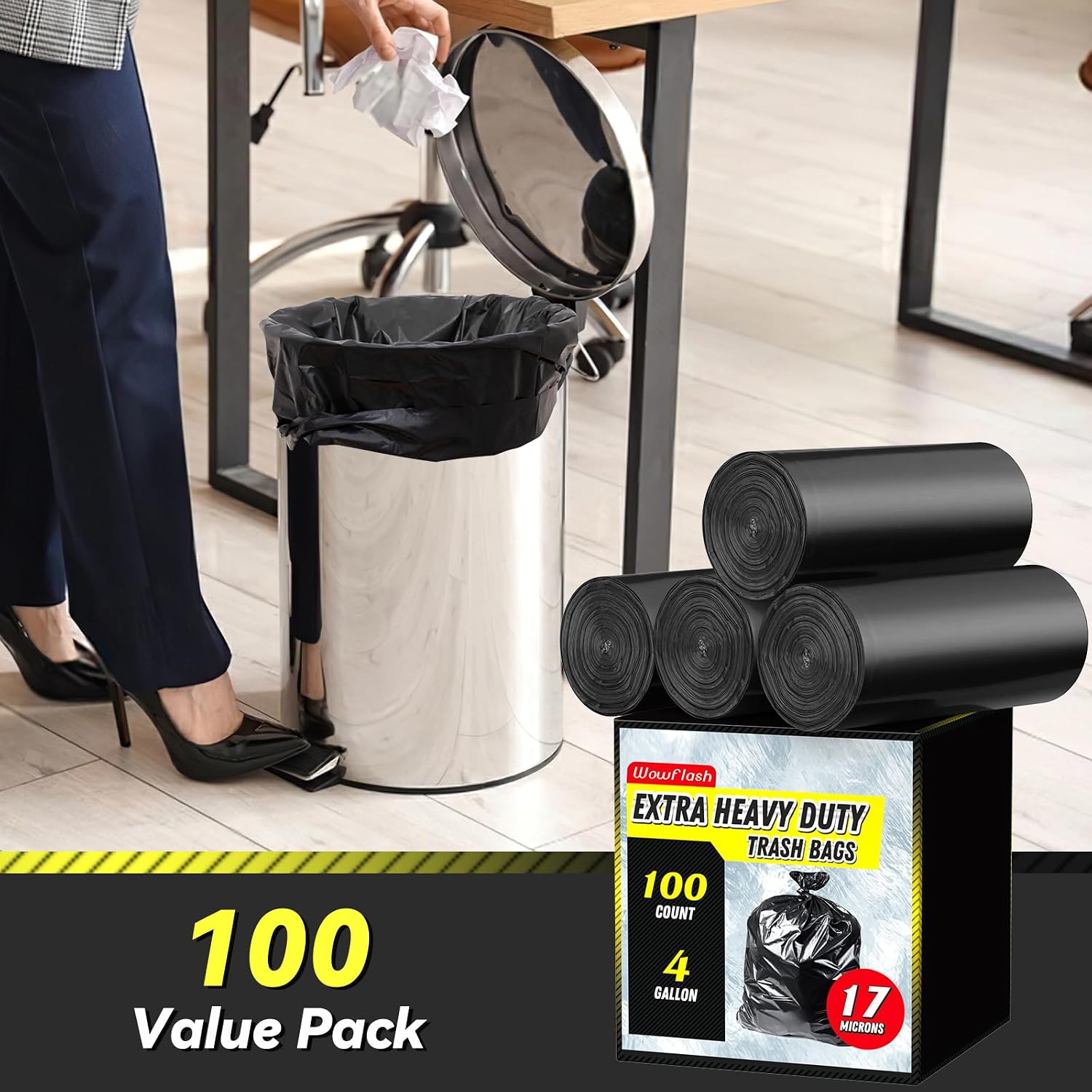 100 Count 17 Micron Extra Heavy Duty 4 Gallon Trash Bags, Sturdy & Tear-Resistant Small Trash Bags for Bathroom &
