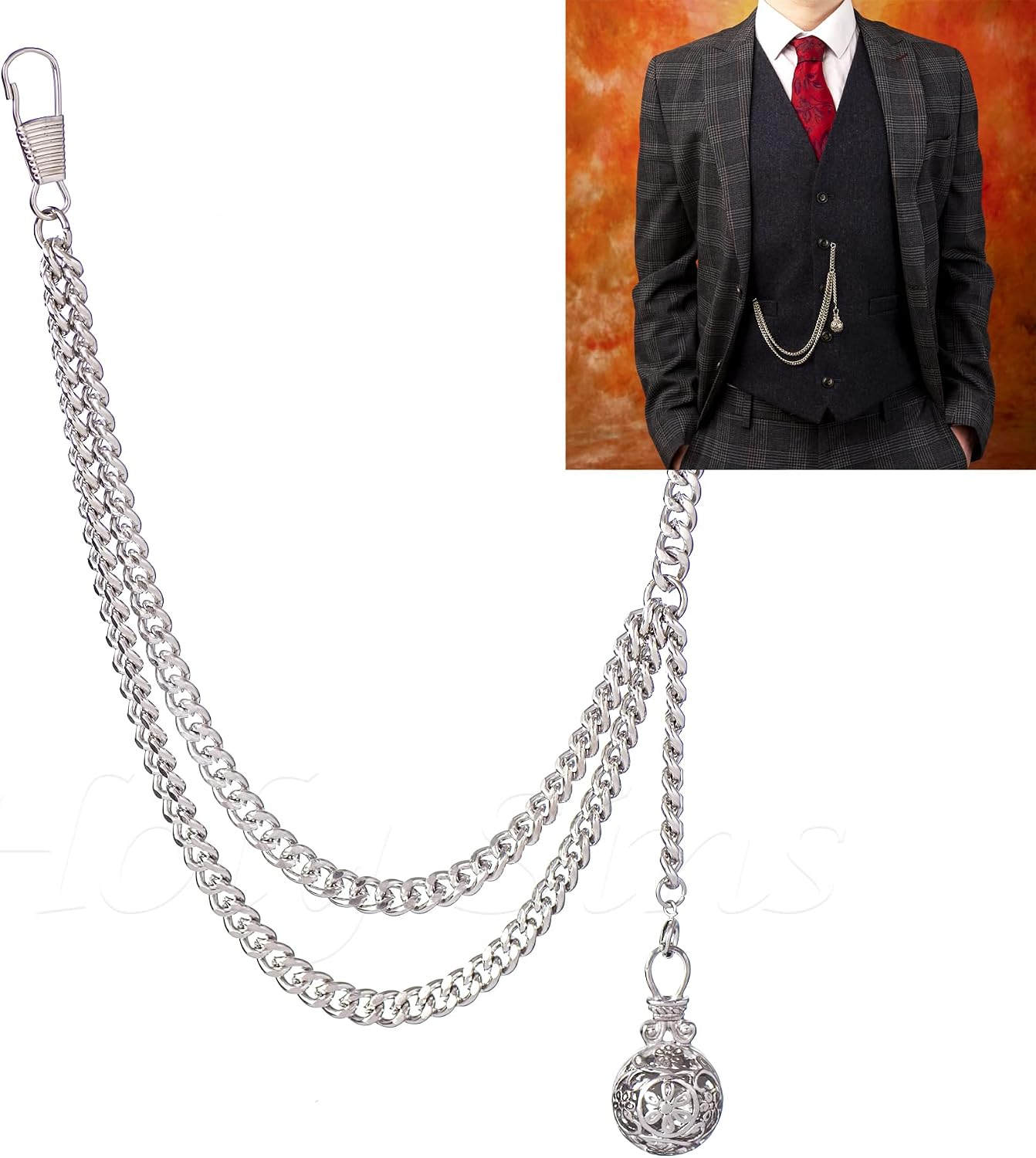 Handmade in The UK Silver Colour Single Albert Pocket Watch Chain with Pendant