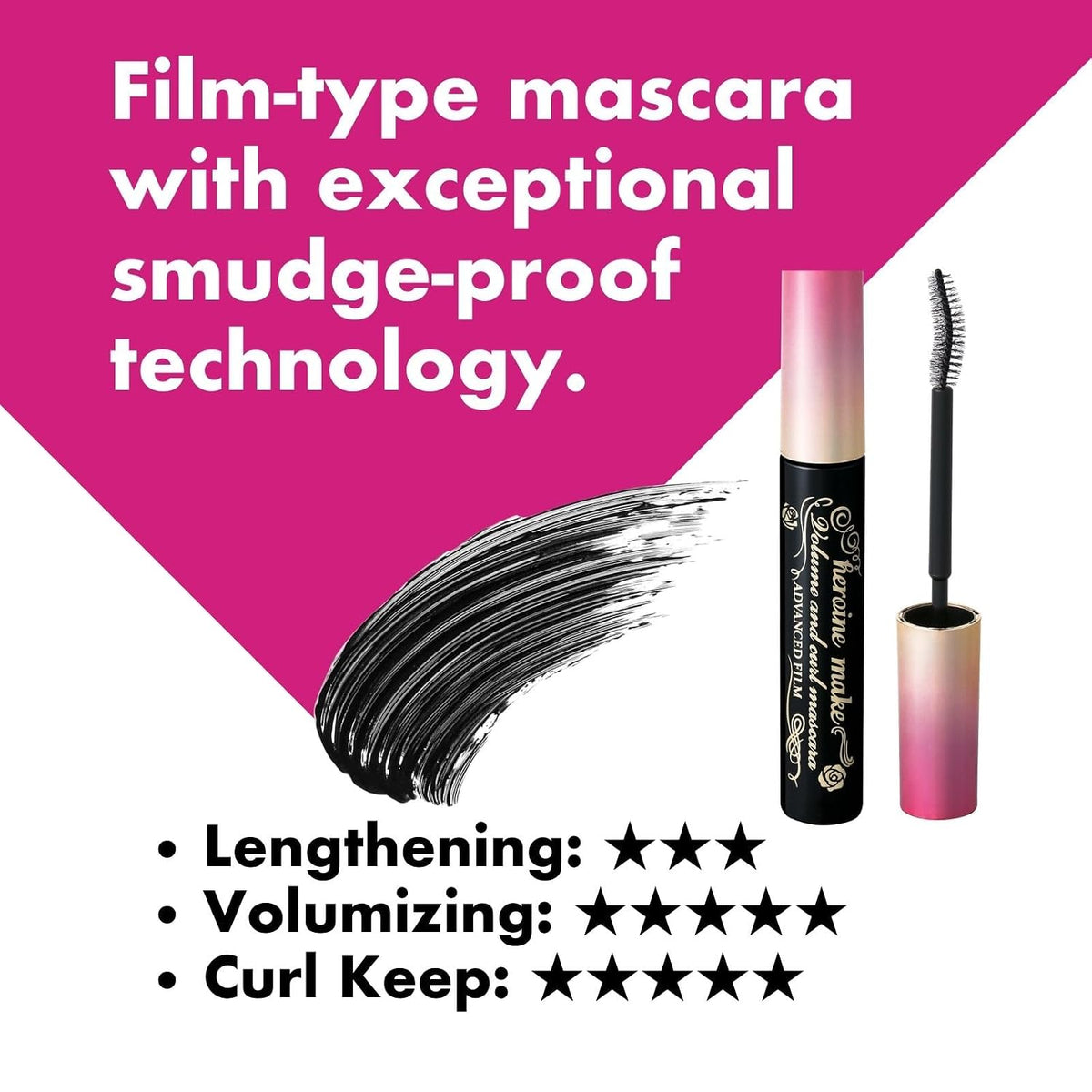 KISSME Heroine Make Advanced Film Mascara | Volume & Curl | Black