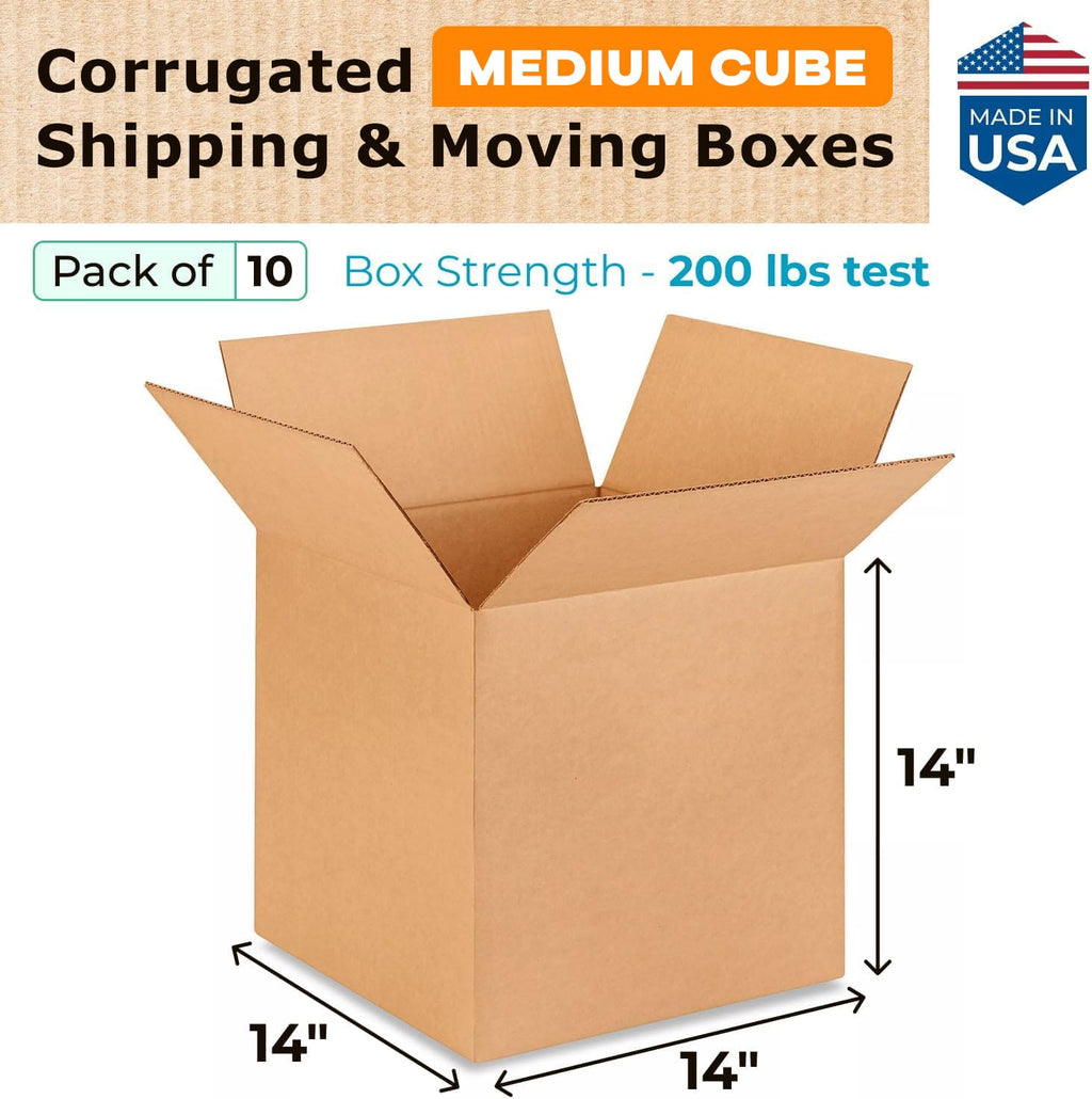 Medium Cube Moving & Shipping Boxes 14x14x14 inches (10-Pack) - Extra Strength 200 lb vs Regular - Corrugated Strong