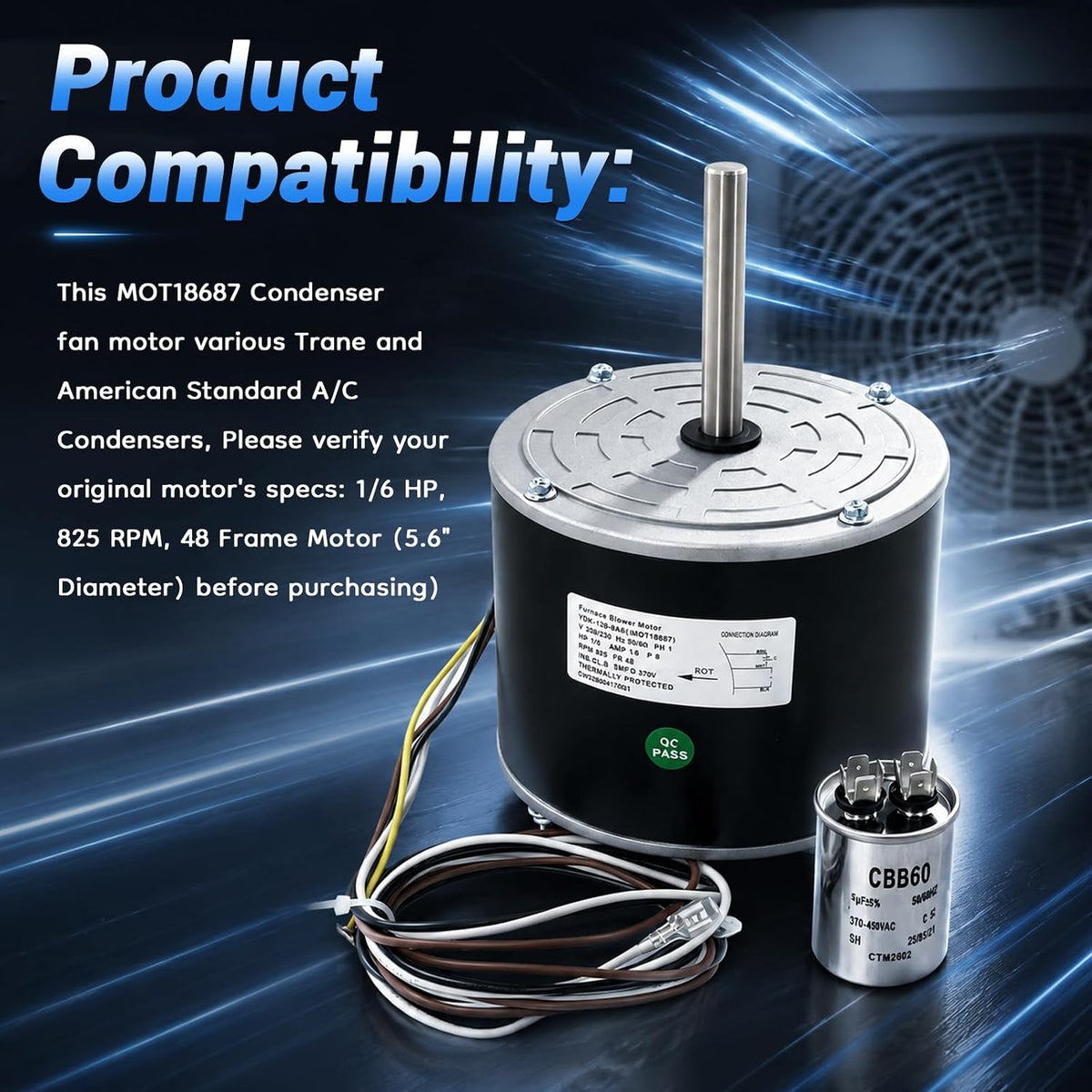 MOT18687 Condenser Fan Motor 1/6HP Fits for Trane & American Standard