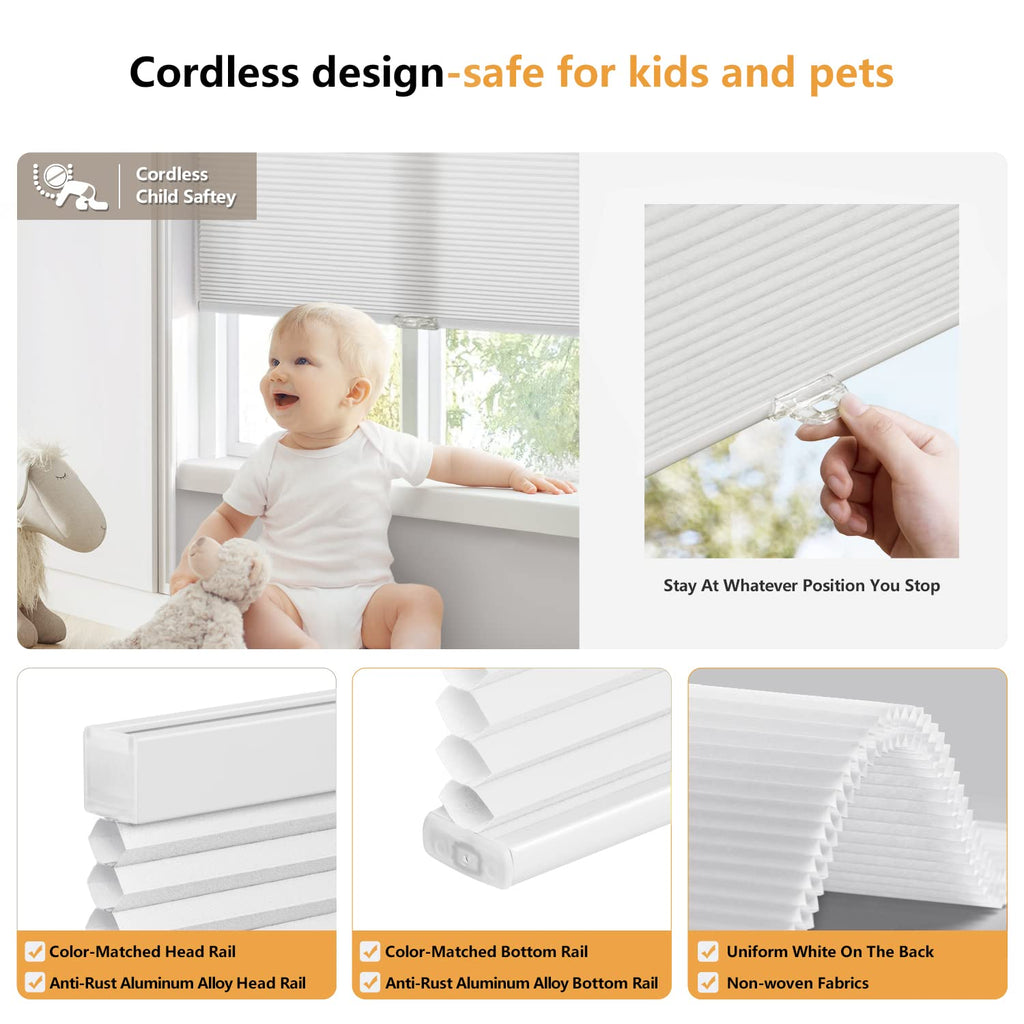 Cordless Cellular Shades, 20'' W x 36'' H, White