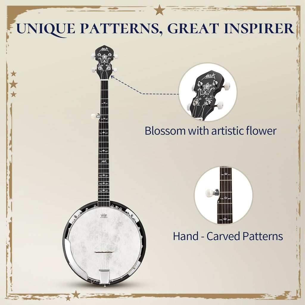 5-String Banjo Deluxe Set: 38-Inch Full-Size Banjo With Remo Head and Detachable Resonator, Open-Back or Closed-Back