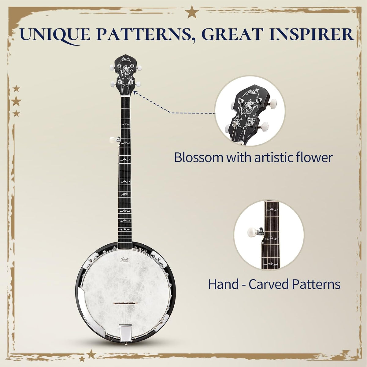 5-String Banjo Deluxe Set: 38-Inch Full-Size Banjo With Remo Head and Detachable Resonator, Open-Back or Closed-Back