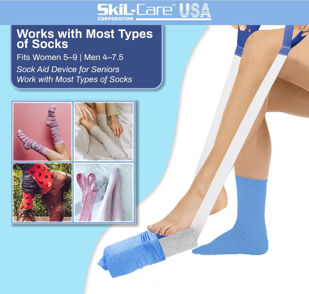 Easy-On Sock Aid Device for Seniors, Flexible Shell, Grip Handles