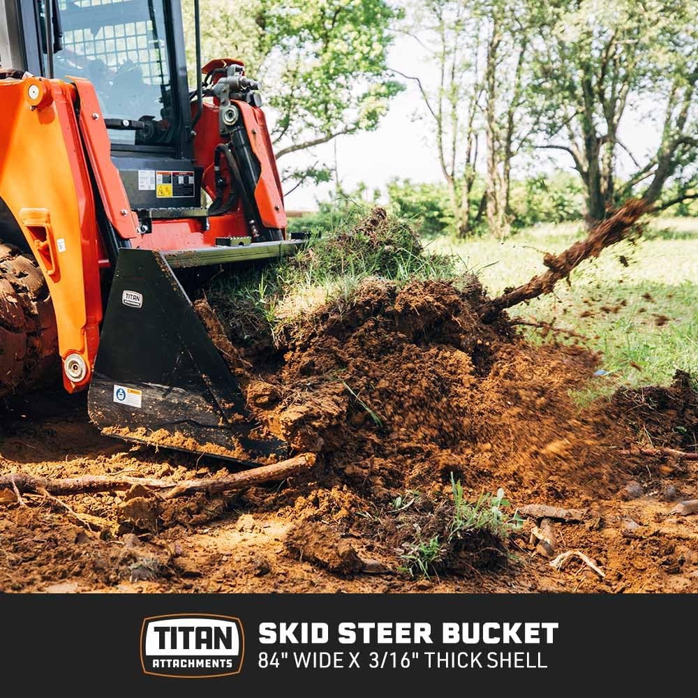 Titan Attachments 84" Skid Steer Dirt Bucket, 3/16" Thick Structural Steel with Reinforced Gussets, Universal Quick