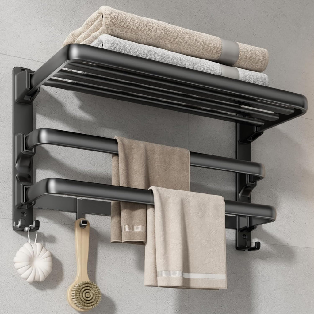 24-Inch Towel Rack,Bathroom Towel Shelf with 2 Towel Bar Foldable Towel Holder with 7 Hooks Towel Storage Organizer