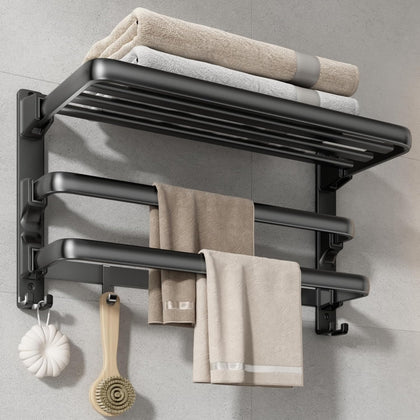 24-Inch Towel Rack,Bathroom Towel Shelf with 2 Towel Bar Foldable Towel Holder with 7 Hooks Towel Storage Organizer
