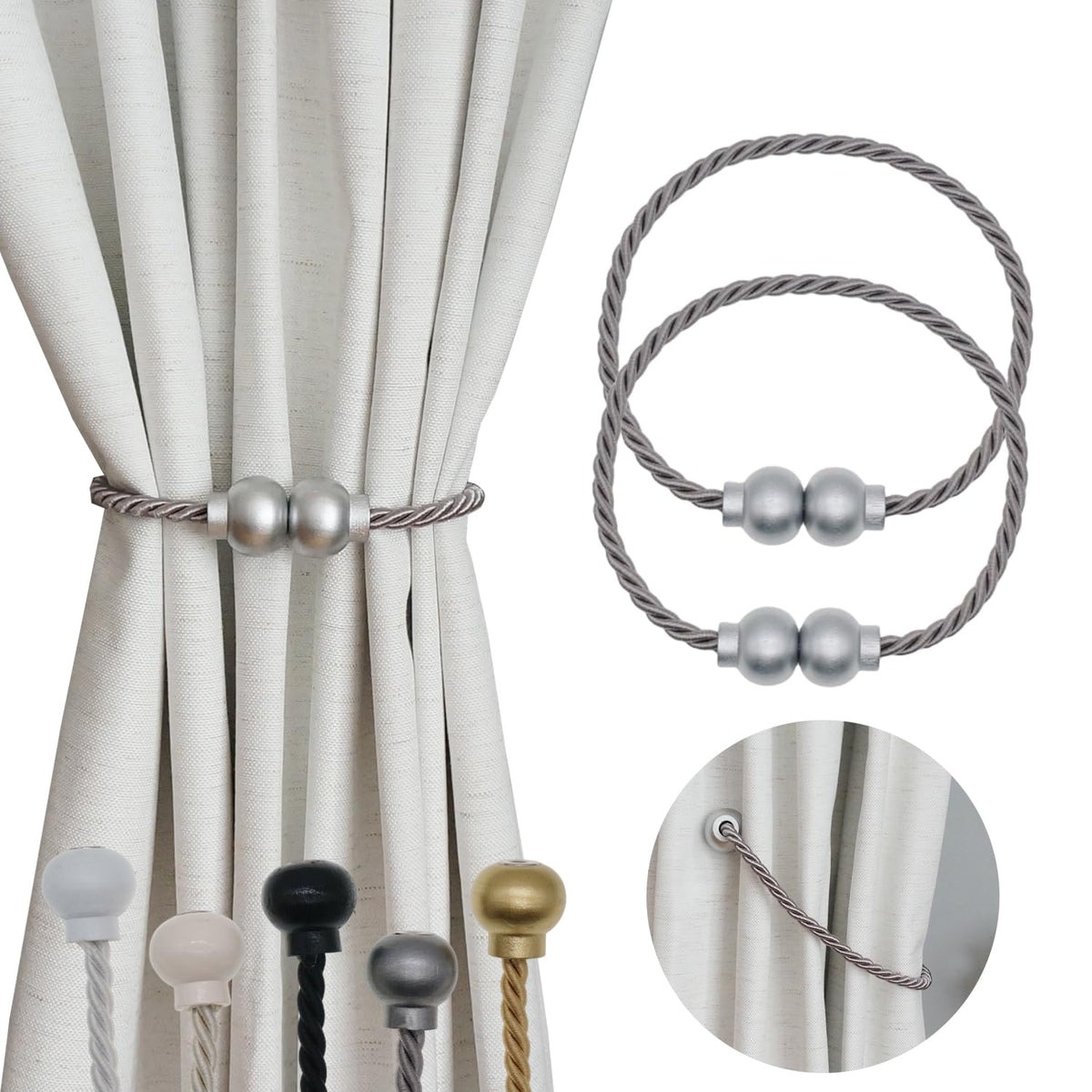2Pcs Magnetic Curtain Tiebacks Modern Handmade Rope Curtain Tie Backs Grey