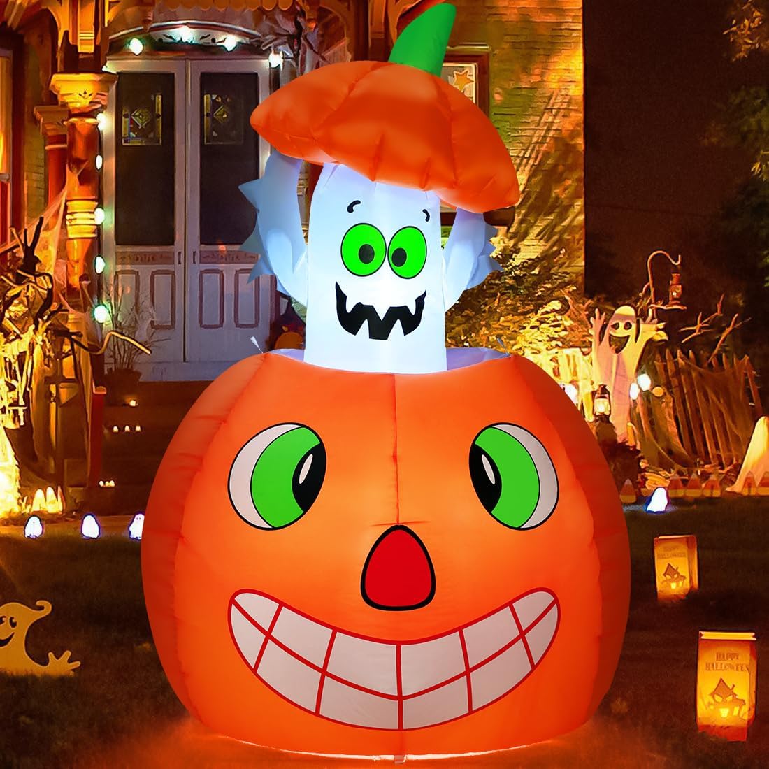 5 FT Halloween Inflatables Animated Pumpkin Ghost Outdoor Decorations Blow Up Yard with Built-in LEDs for Indoor