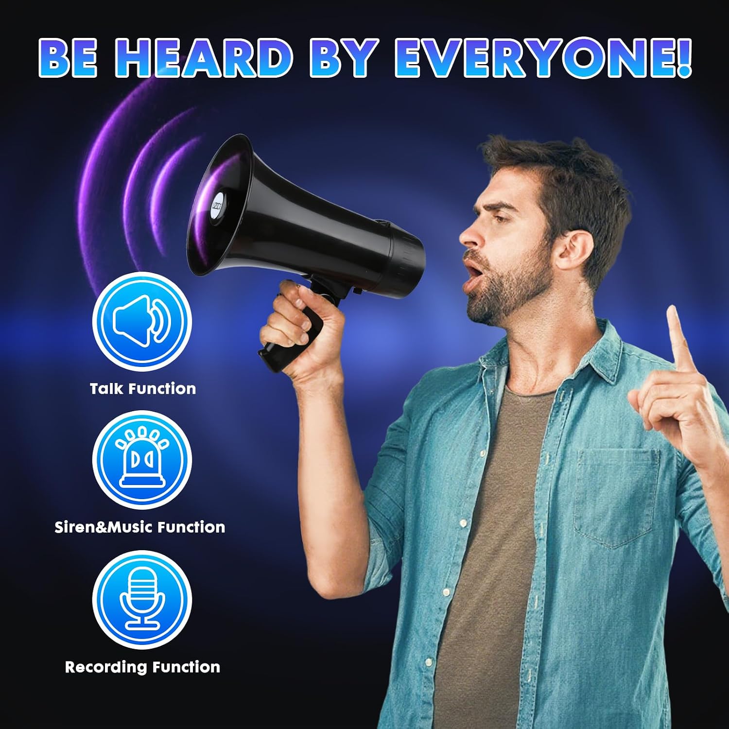 20 Watt Rechargeable Megaphone Bullhorn Speaker, Siren and 240s Recording, Portable Mega Phone with Power Display and