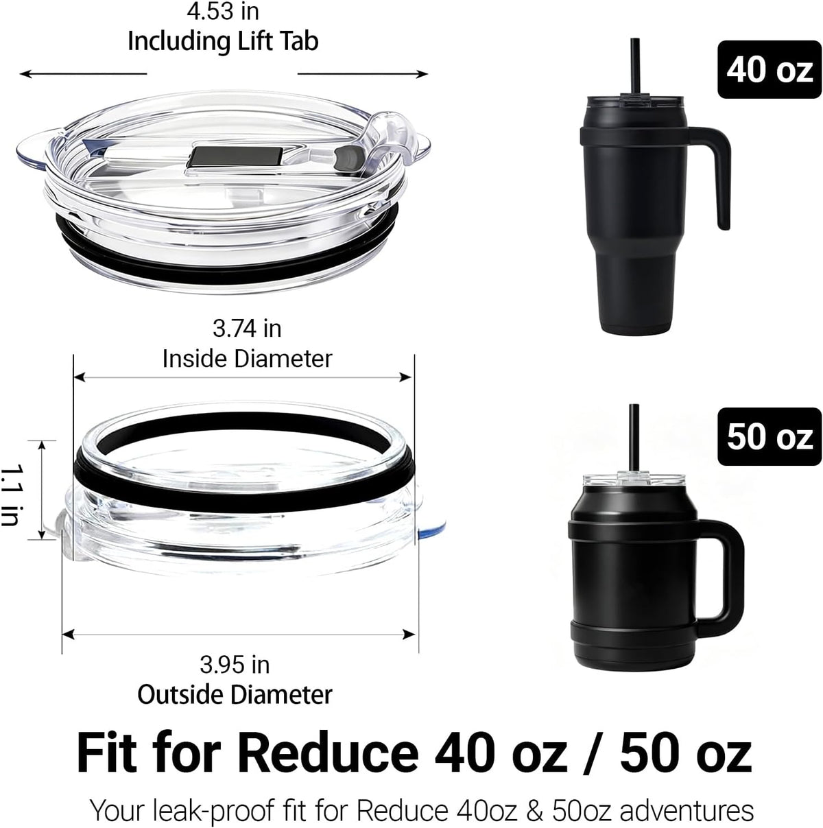 40 oz for Reduce Tumbler Lid Replacement, 2-Pack for 40oz 50oz, Leak-Proof Push-On Flip Straw Lid & Cleaning Brush