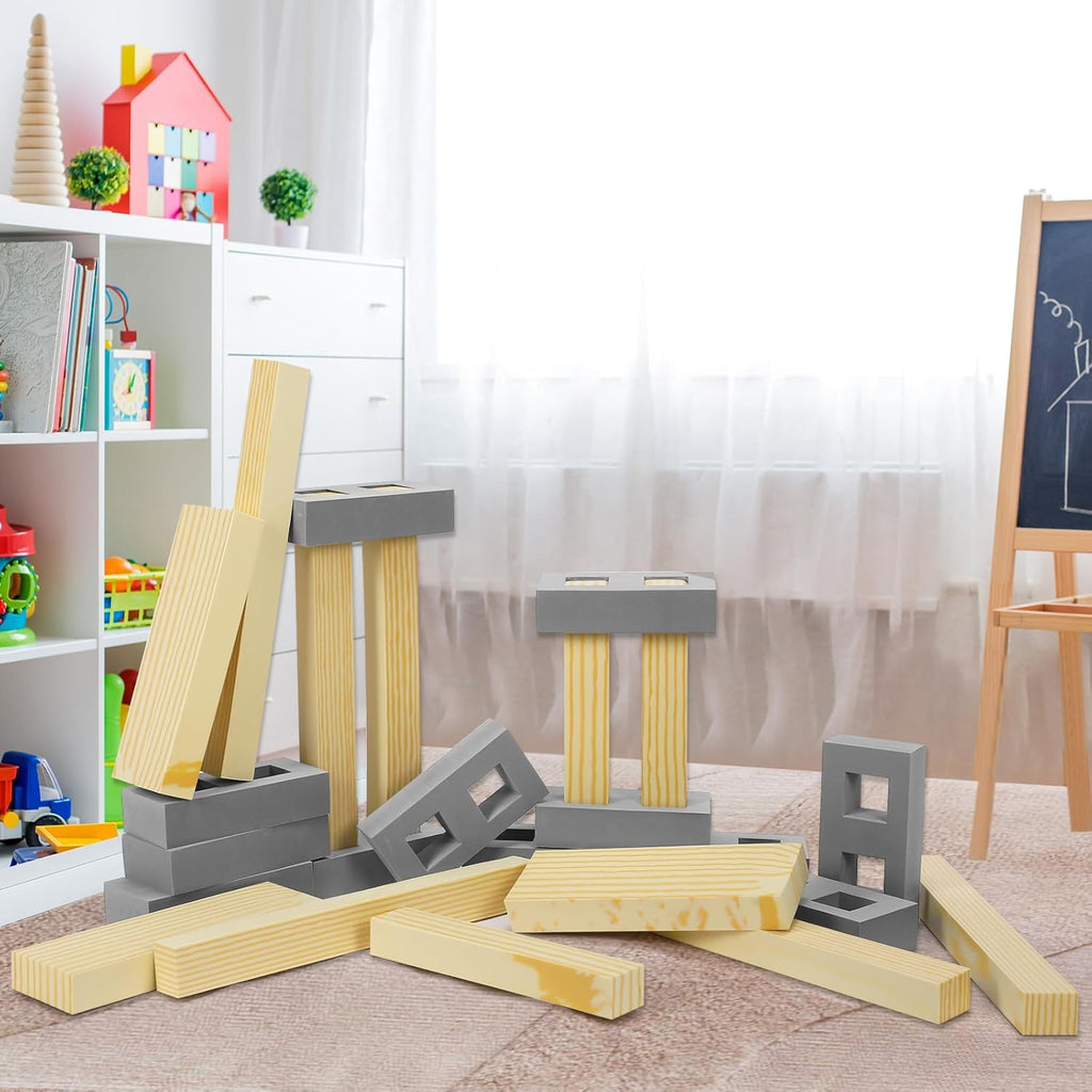 24 Pcs Foam Wooden Beam Soft Foam Brick Building Blocks Unit Fake Brick Building Blocks Giant Stacking Sets for Kids