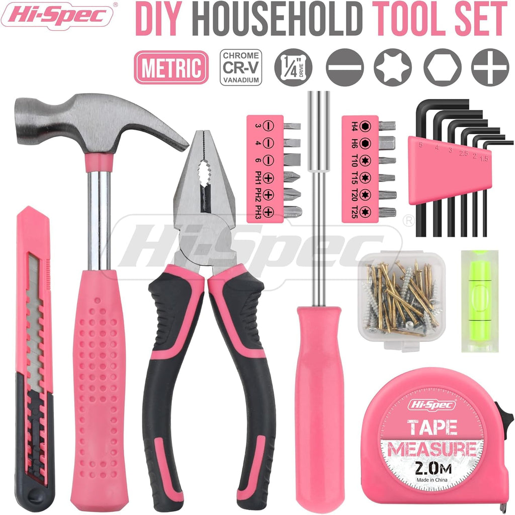 Tool Set 25pc Pink Household DIY Tool Kit for Women. Small Mini Tool Box Set of Starter Basic Ladies Tools