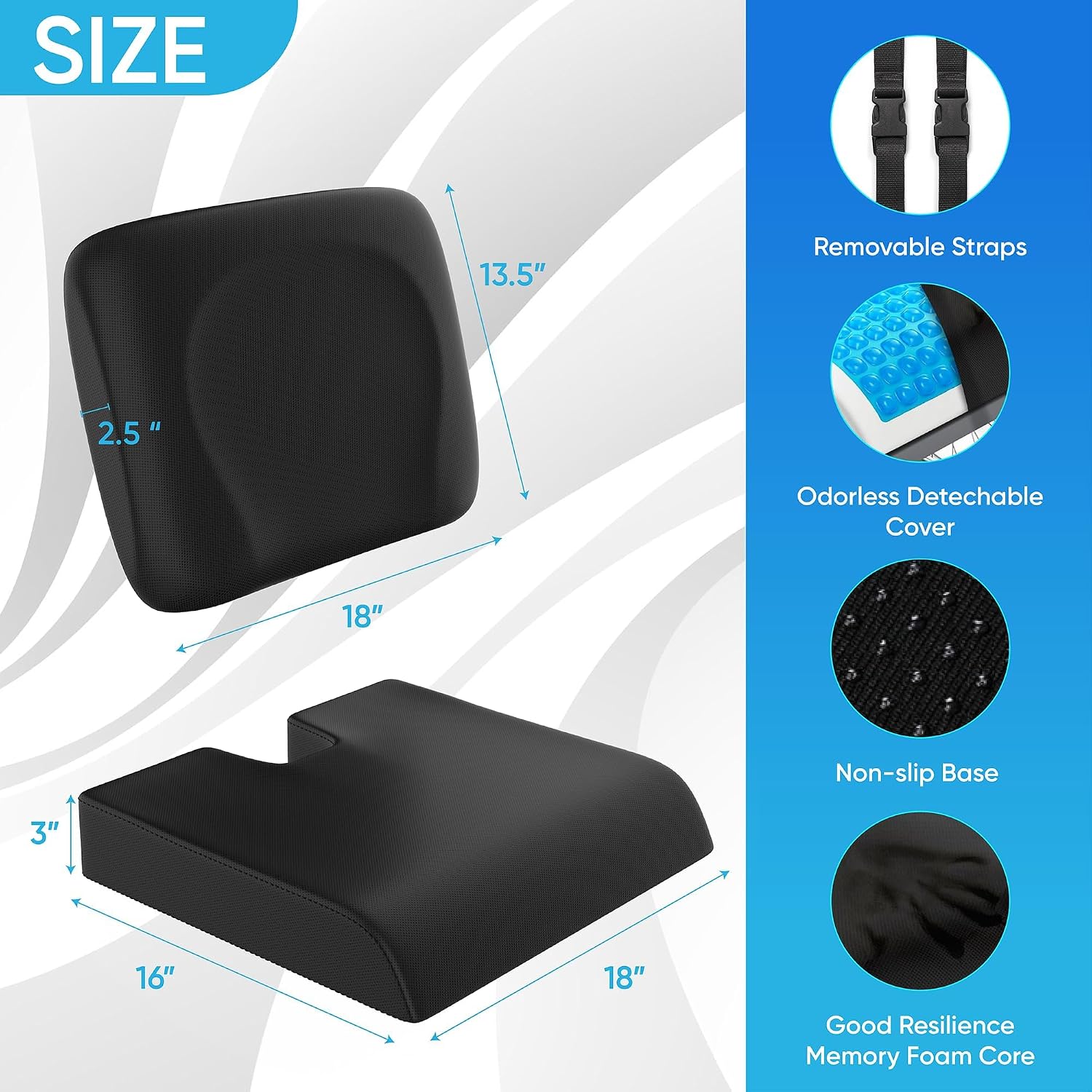 Wheelchair Cushion for Pressure Relief - (2-Piece Set) 18”x16” Anti-Slip Wheelchair Seat Cushions for Adults, Seniors