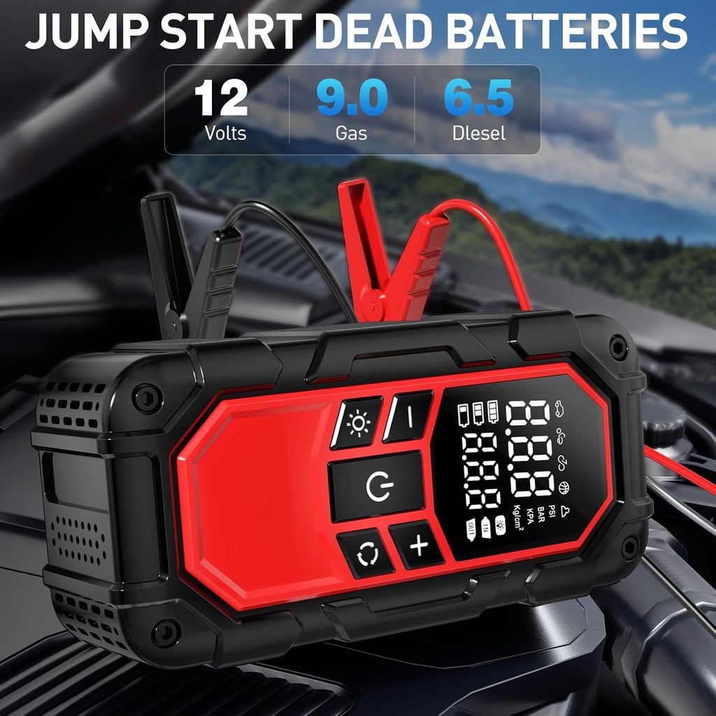 Jump Starter with Air Compressor,Car Battery Jump Starter (9.0 Gasoline/6.5L Diesel) with 150PSI Digital tire