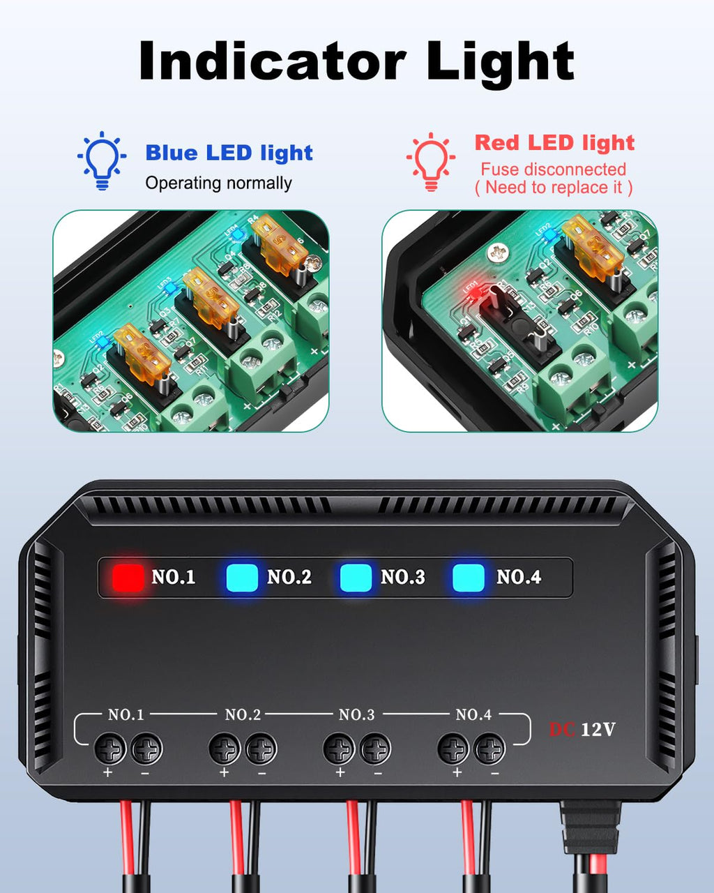 12V Fuse Block, 20A Motorcycle Fuse Relay Box Kit with LED Warning Indicator 4 Circuits, Motorcycle Fuse Box Holder