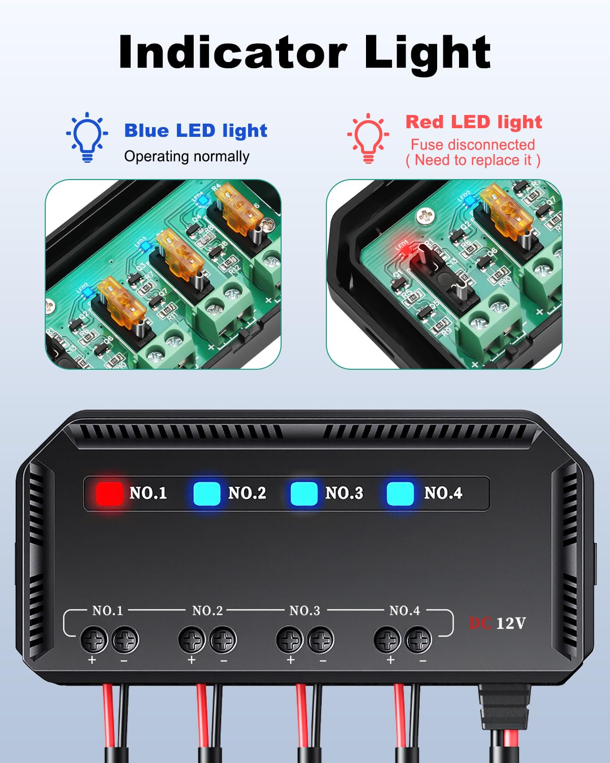 12V Fuse Block, 20A Motorcycle Fuse Relay Box Kit with LED Warning Indicator 4 Circuits, Motorcycle Fuse Box Holder
