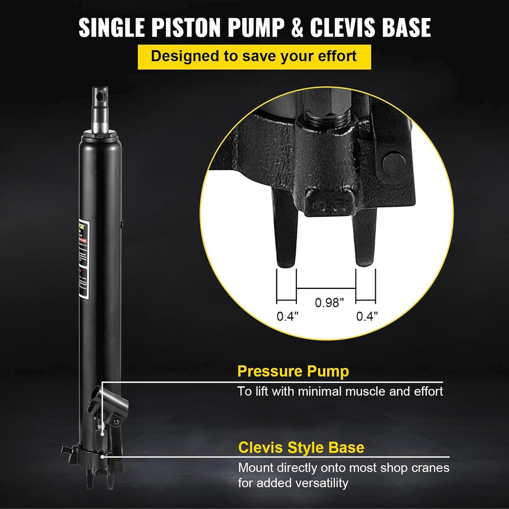 Hydraulic Long Ram Jack, 3 Tons/6600 lbs Capacity, with Single Piston Pump and Clevis Base, Manual Cherry Picker