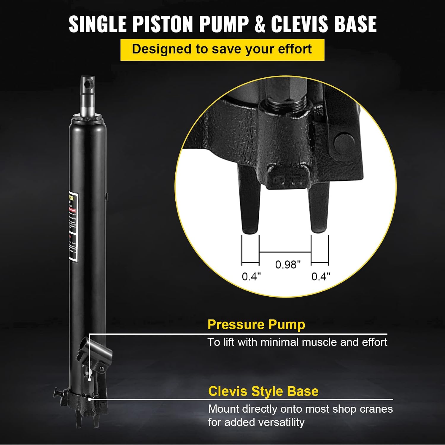 Hydraulic Long Ram Jack, 3 Tons/6600 lbs Capacity, with Single Piston Pump and Clevis Base, Manual Cherry Picker