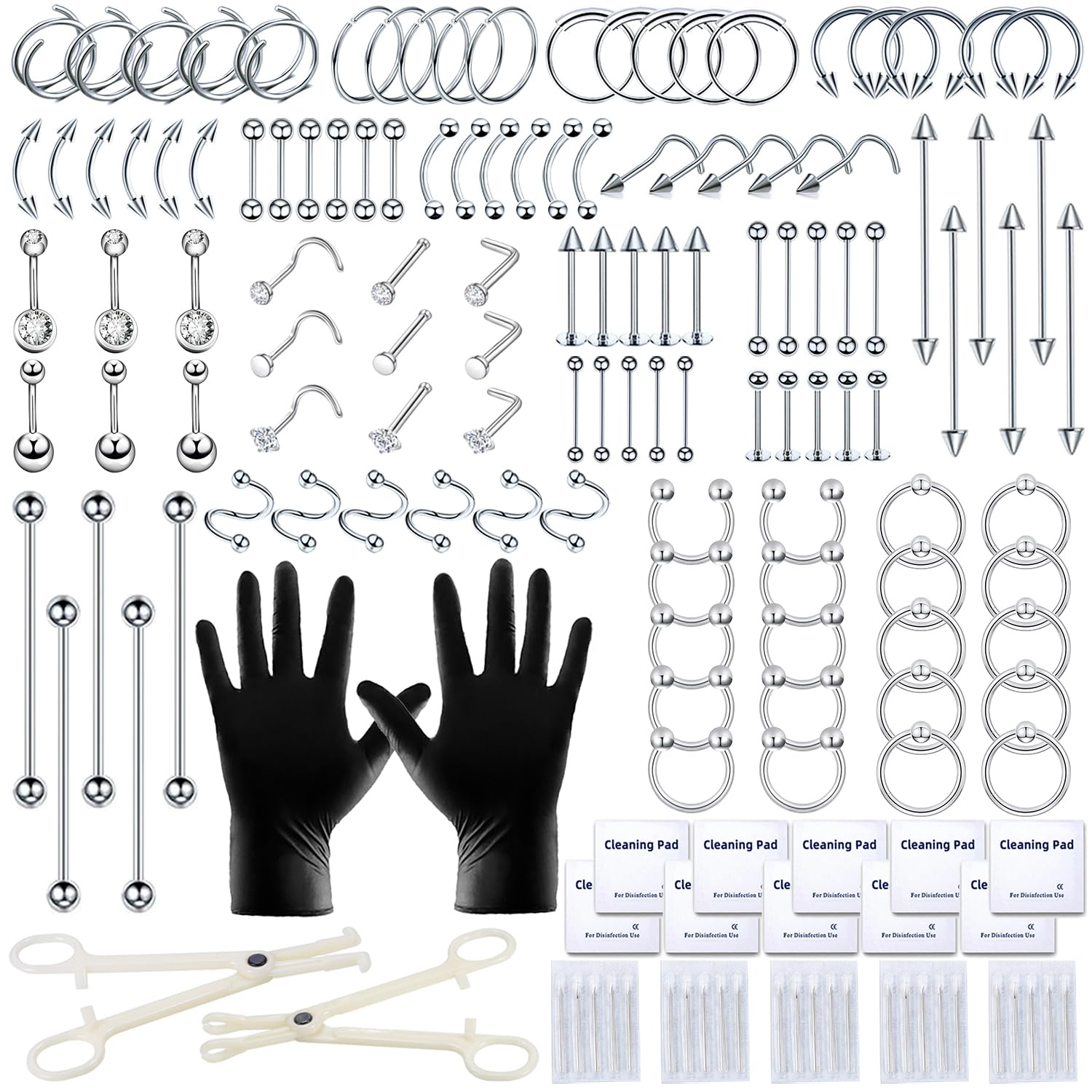 153Pcs Piercing Kit: 12G, 14G, 16G, 20G Needles & 316L Stainless Steel Jewelry for Nose, Belly, Lip, Ear & More