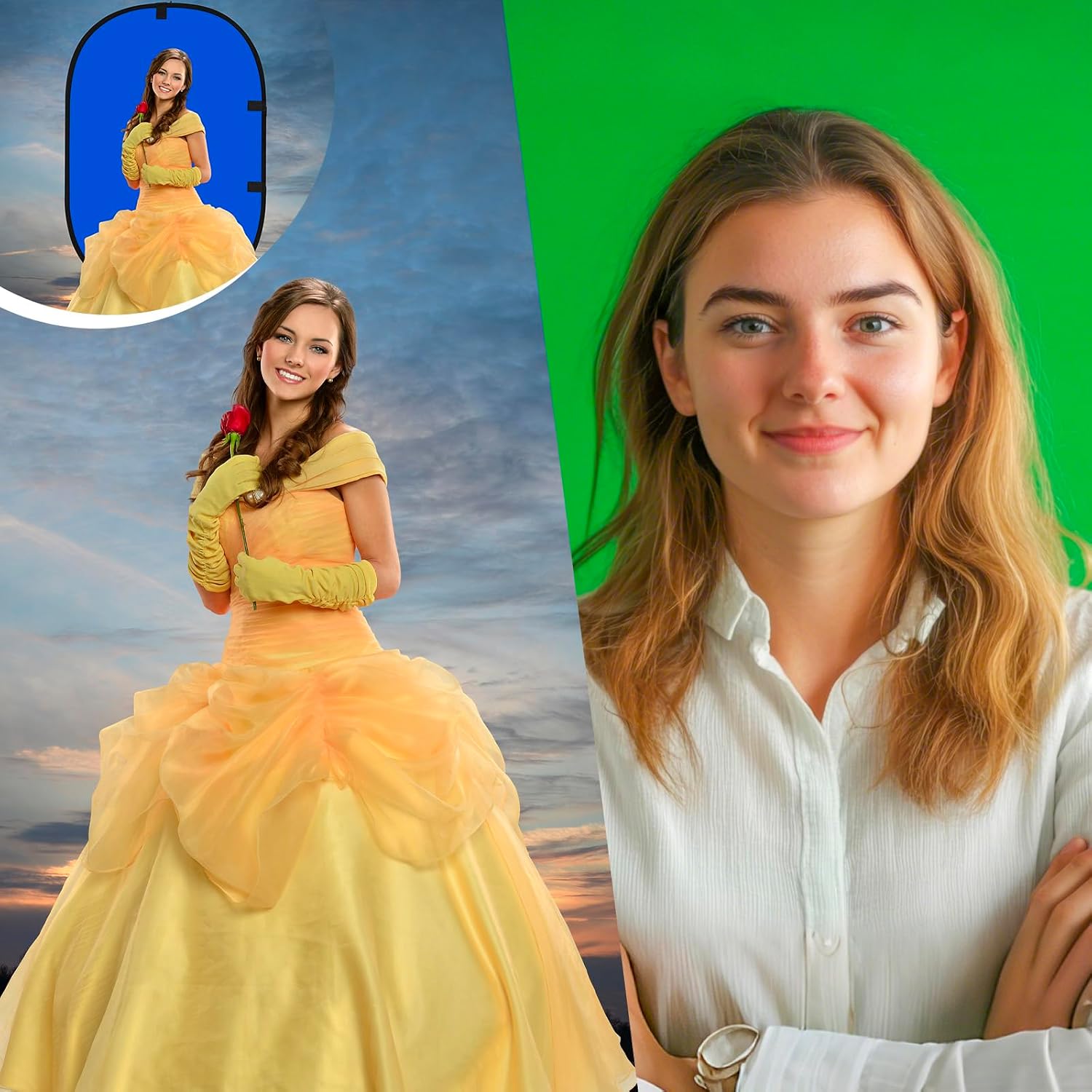 2 Pack Foldable Photo Backdrop with Stand, 3.3 x 5 ft Double Sided Green Blue Black White 2 in 1 Screen, Portable