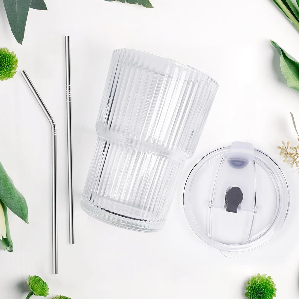 16 OZ Iced Coffee Cups with Lids and Straws Set of 4, Unbreakable Plastic Drinking Glasses Reusable Iced Coffee Glass