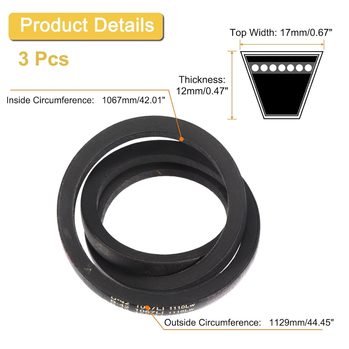 uxcell 3 Pack B-42 Classic Wrapped V-Belt, 44" Outside Circumference, Black, Compatible with Pump, Fan, Compressor, Agricultural Equipment