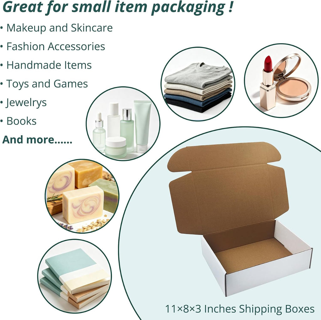 11 x8 x3 inches Shipping Boxes, 28 Pack White Cardboard Corrugated Mailers