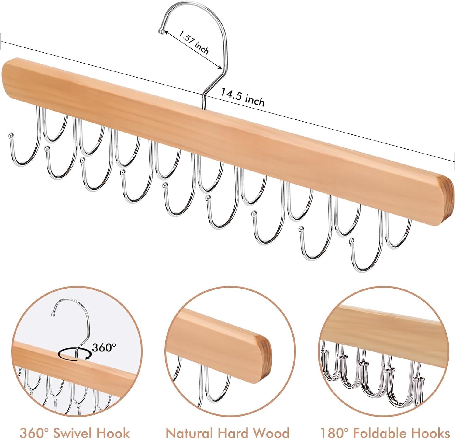 2 Pack Bra Hanger for Closet Organizer, Premium Wooden Tank Top Hangers with 36 Foldable Hooks, 360° Rotating Design