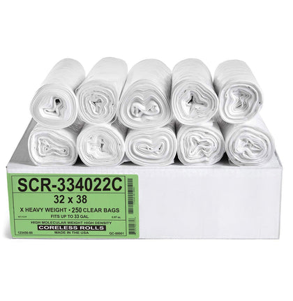 33 Gal Clear Trash Bags, 22 Micron (EQ.), 32" x 38" (250 Pk)