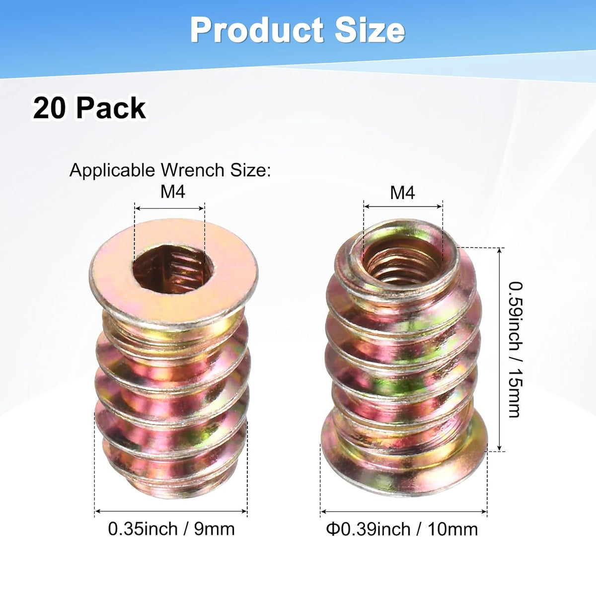 M METERXITY 20-Pack Threaded Inserts for Wood M4x15mm Gold Tone