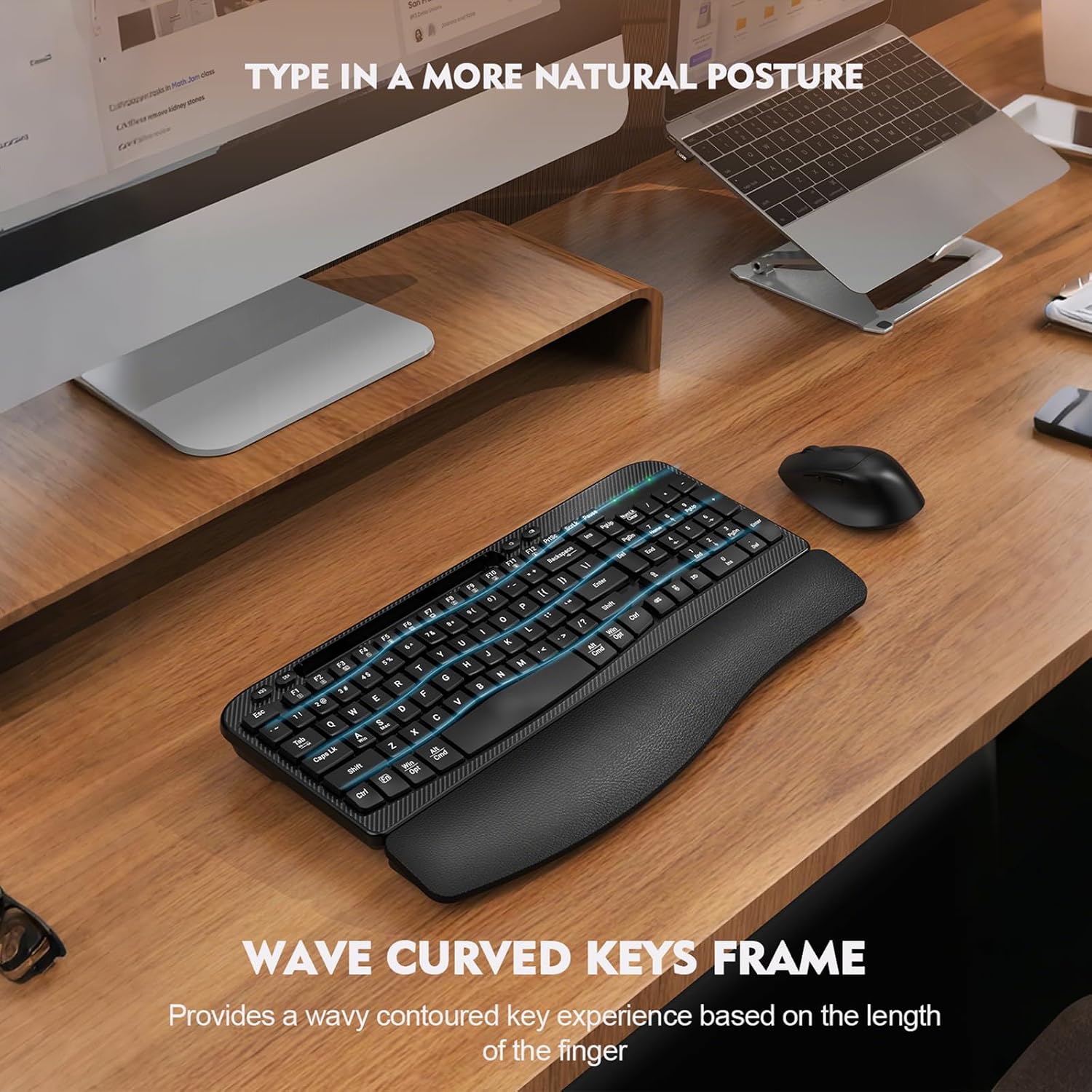 Wireless Keyboard and Mouse Combo, Full-Sized Ergonomic Wave Keys Keyboard with Memory Foam Wrist Rest & Phone