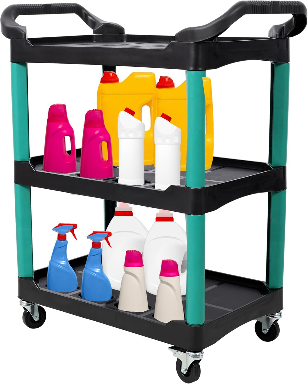 3-Tier Rolling Utility Cart with Pegboard & Hooks, Heavy-Duty Mobile Tool Storage Organizer with 12 Bottle Holders