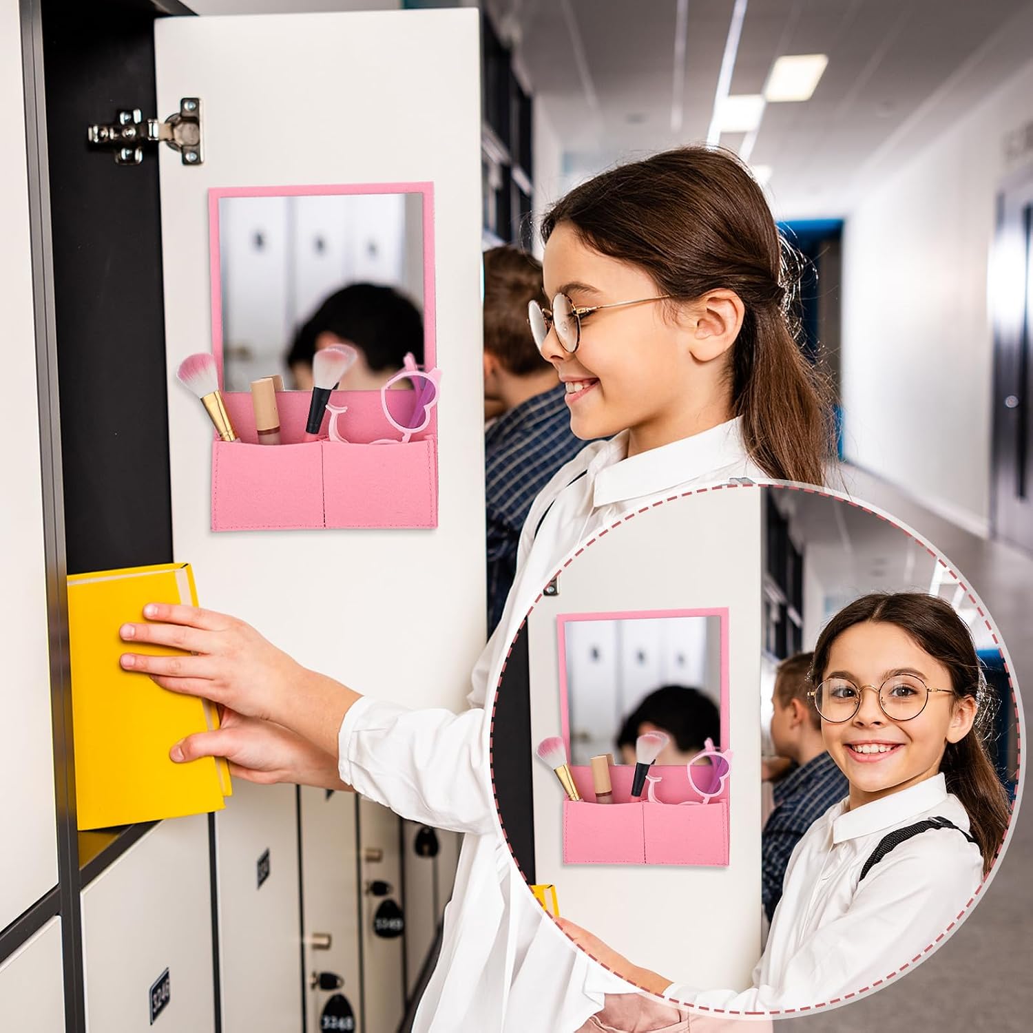Magnetic Locker Mirror 7 x 6.7 Inch Magnet Mirror with Holder Bag Locker Organizer Accessories Decorations for Office
