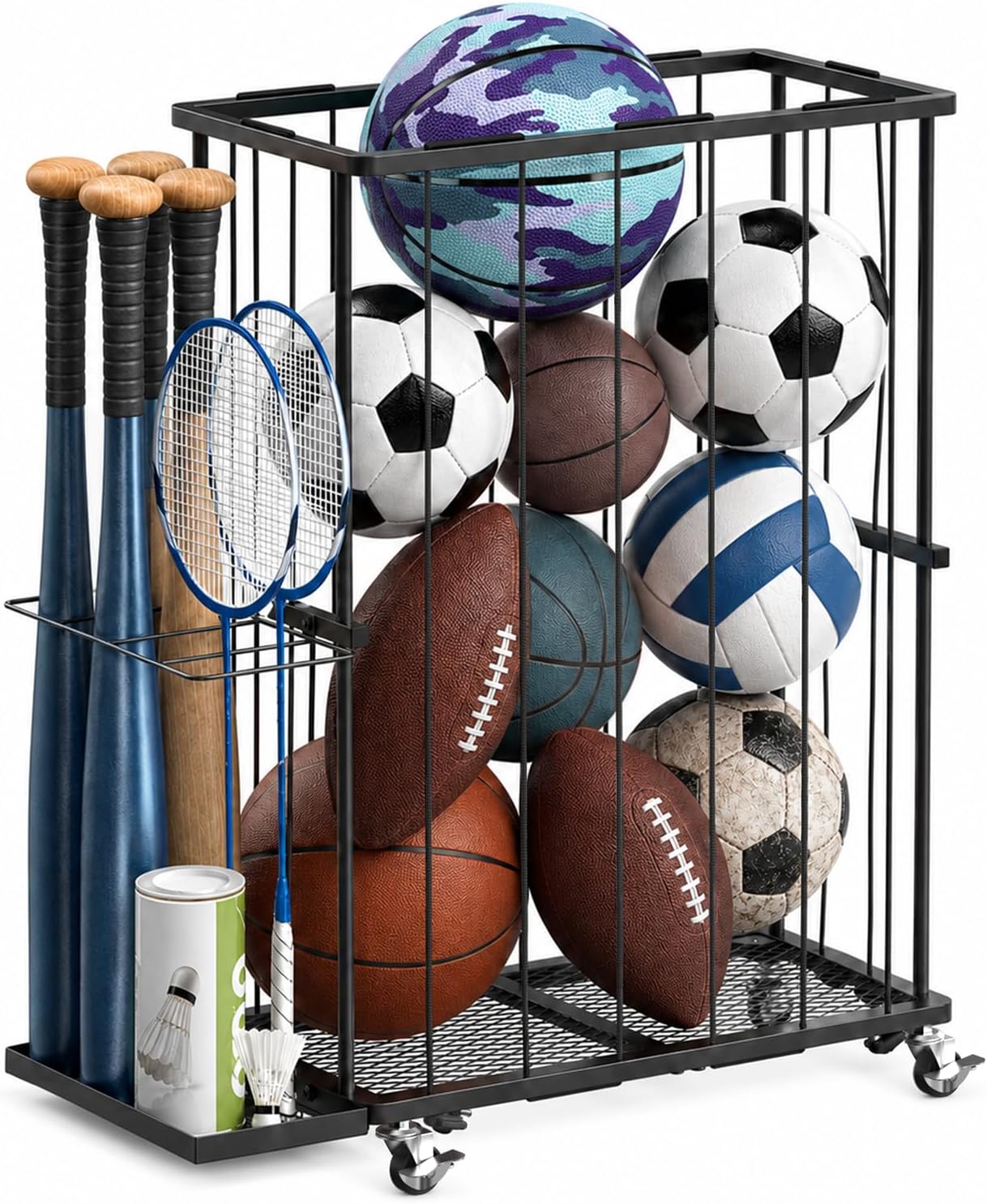 Garage Ball Storage Rack with Wheels and Elastic Rope, Sports Ball Holder for Basketball, Soccer, Volleyball