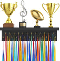 Medal Hanger Display and Trophy Shelf Organizer, Wooden Wall Mount Ribbon Holder with 25 Steel Hooks, Race Awards