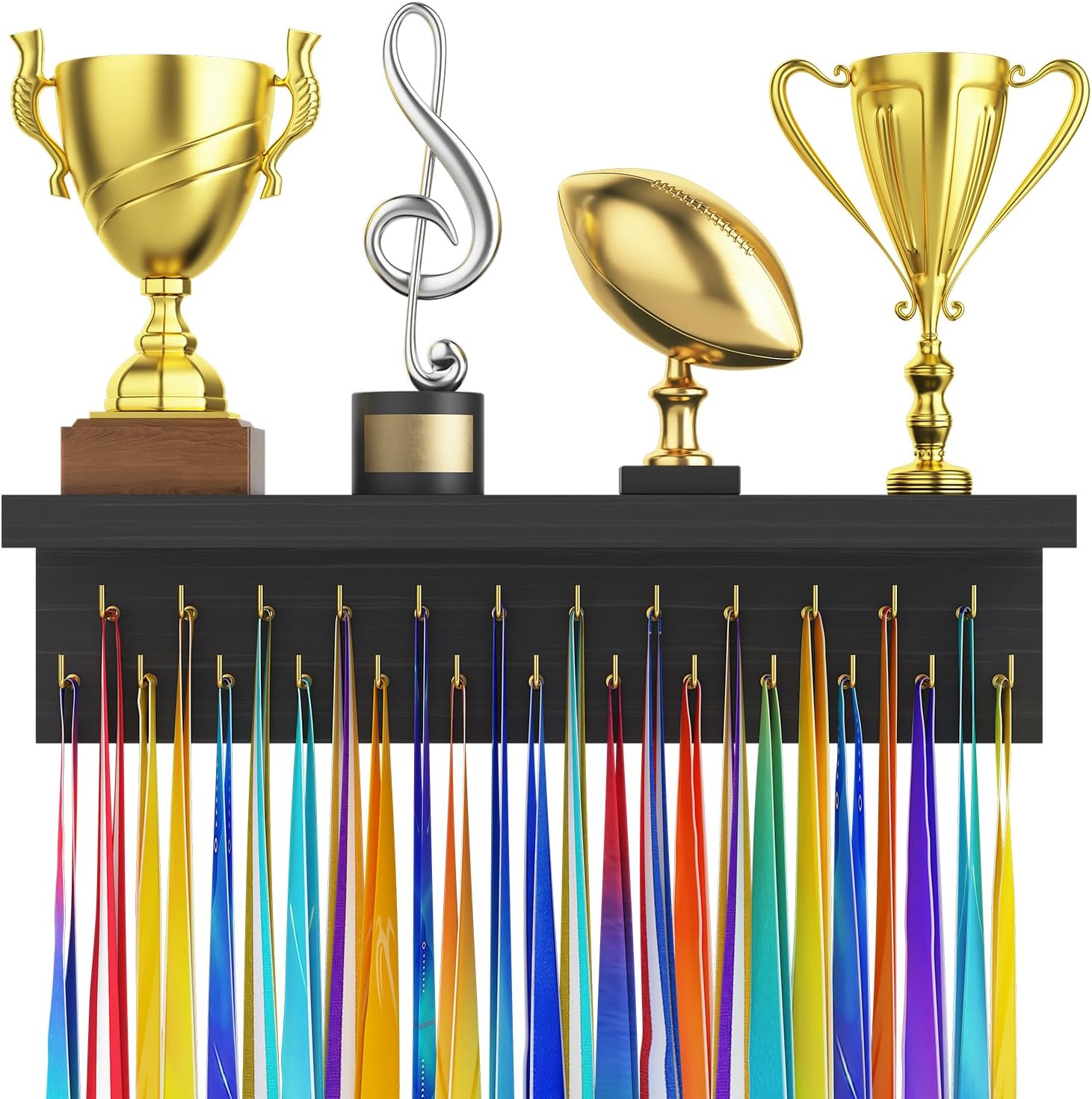 Medal Hanger Display and Trophy Shelf Organizer, Wooden Wall Mount Ribbon Holder with 25 Steel Hooks, Race Awards