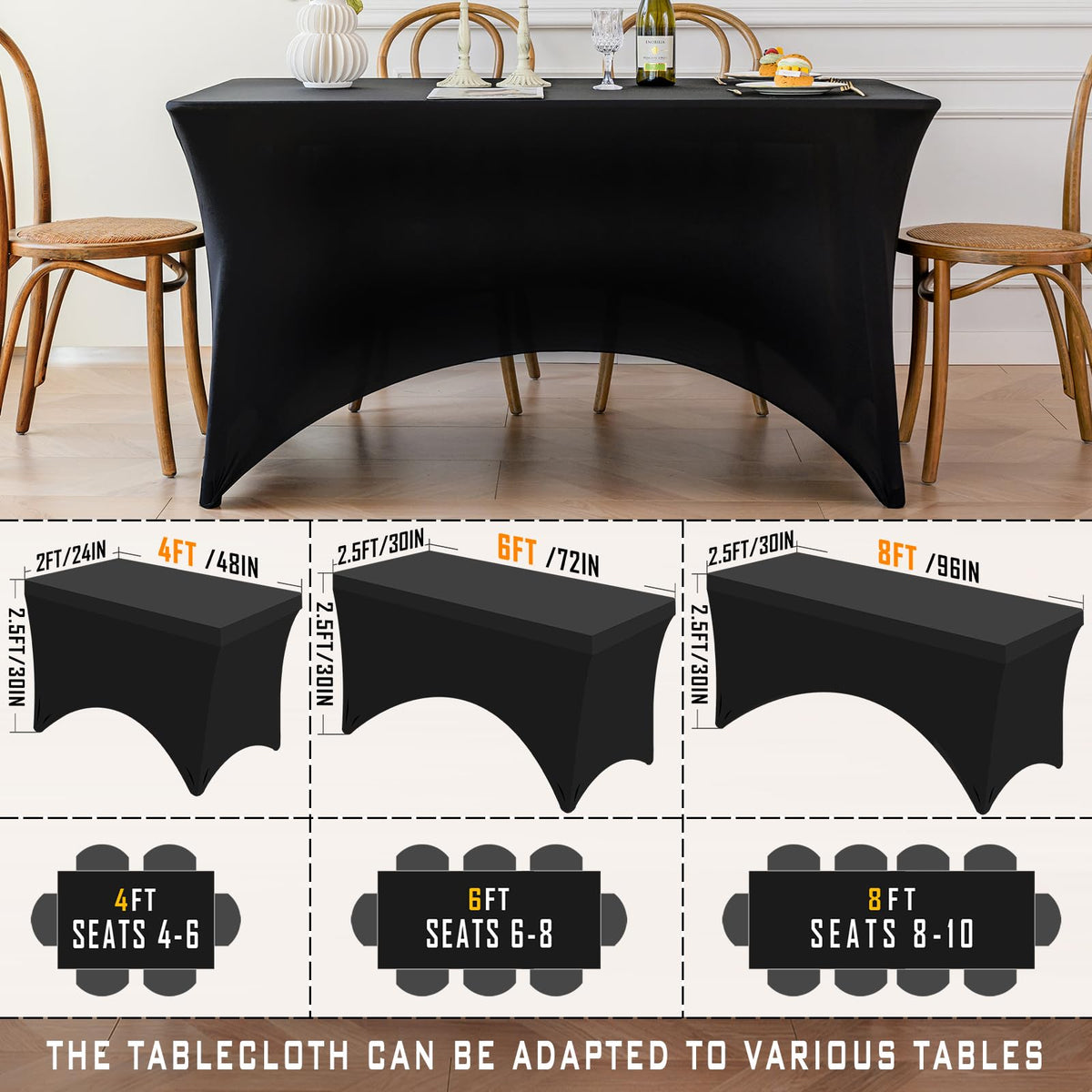 Table Cloth Black 4FT Spandex Stretch Covers for Rectangle Tablecloth