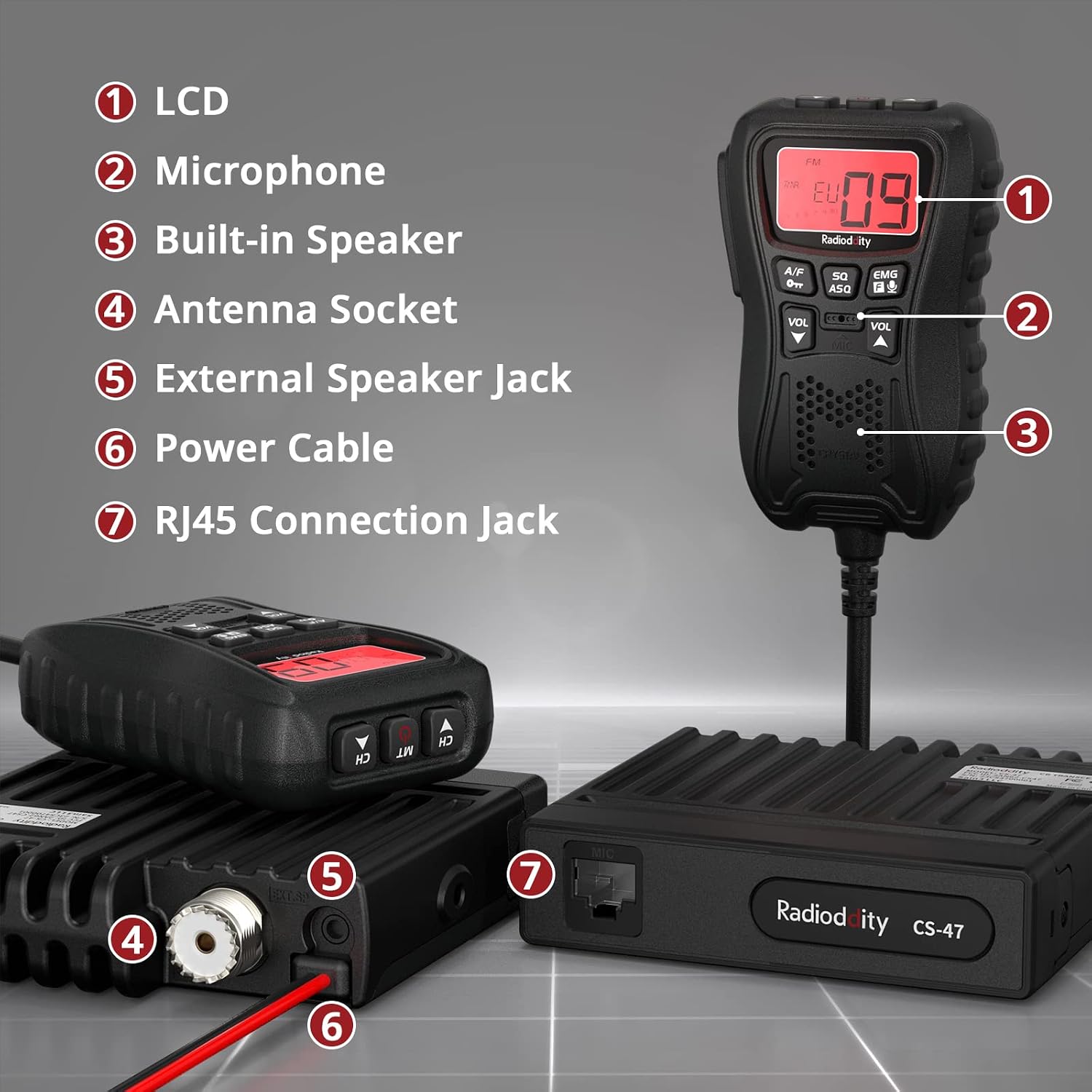 CS-47 Compact CB Radio AM/FM, One-Hander Mic Noise Reduction VOX | 40 Channels Built-in Speaker, Noise Reduction, RF
