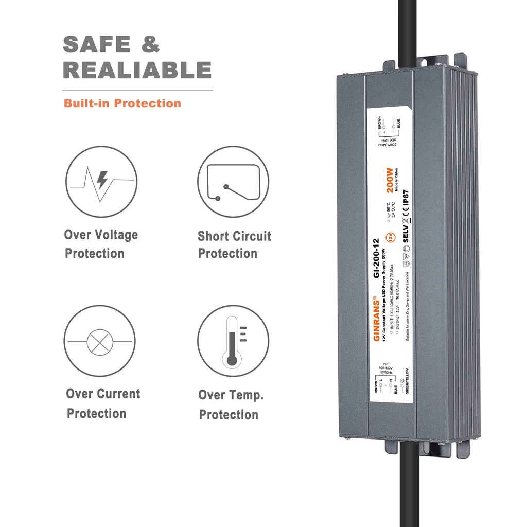 200W IP67 Waterproof Constant Voltage LED Driver Power Supply Transformer, 100-130V AC Universal Input with Plug