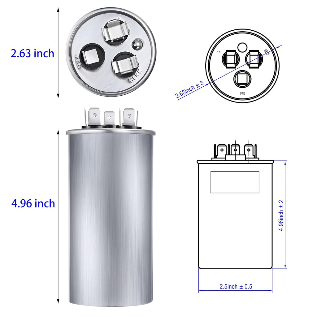 Fiada 70/5 MFD uF 370/440V CBB65 Dual Run Round Capacitor for AC Motor