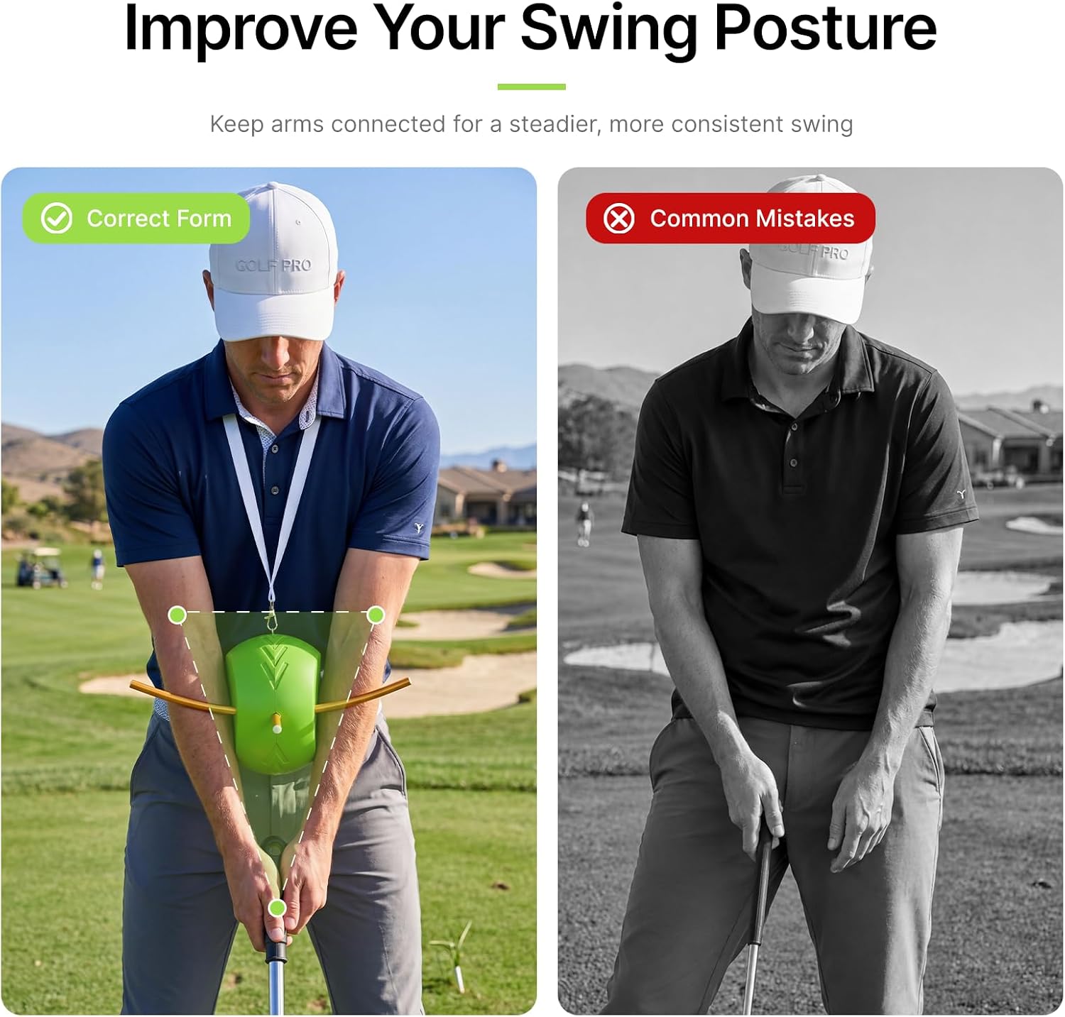 Golf Training Ball with Rope and Grip Trainer for Swing Practice | Helps train connected arms, reduce chicken wing