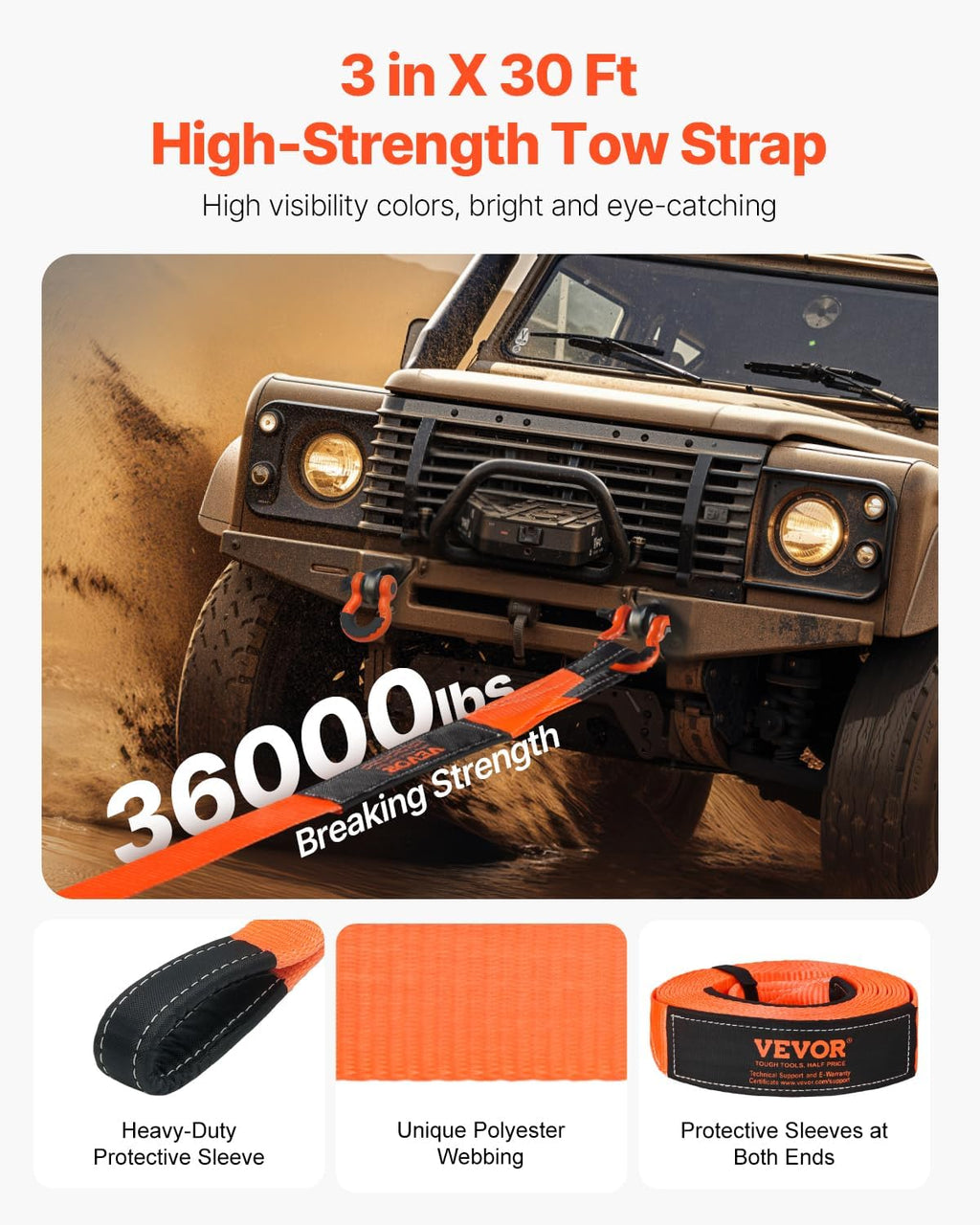 Heavy Duty Tow Strap Recovery Kit 3 in x 30 ft (MBS-36,000 lbs) Tree Saver Winch Strap, Triple Reinforced Loop &
