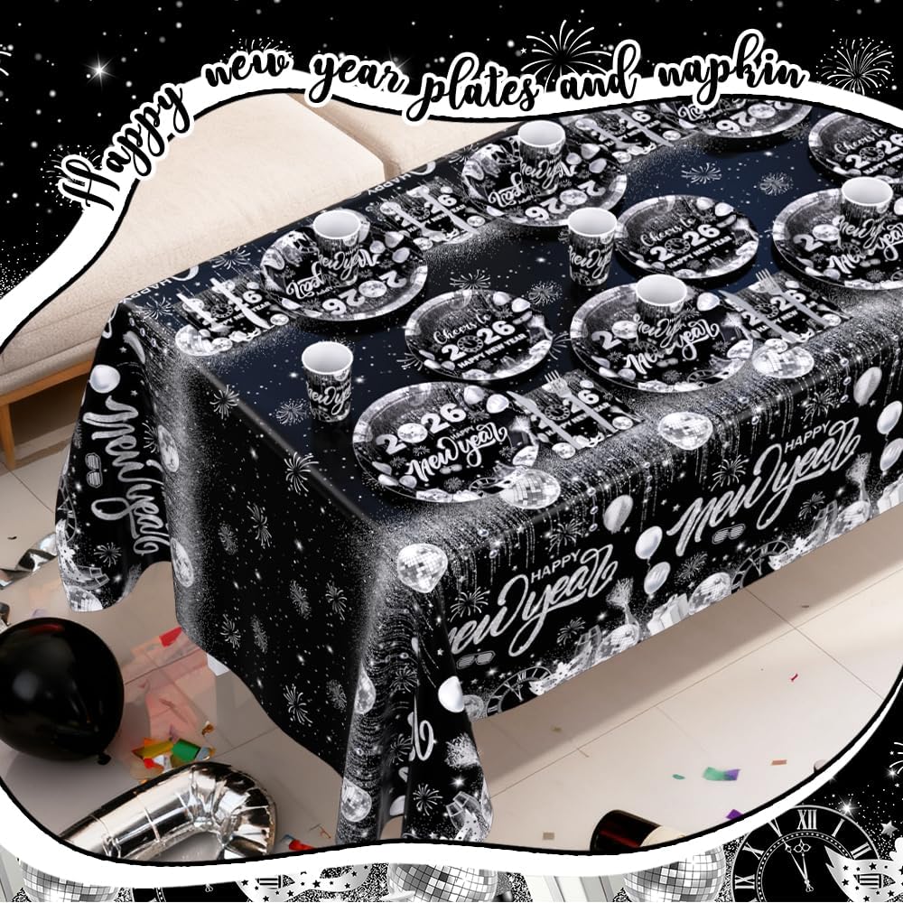194pcs Happy New Years Eve 2026 Party Decorations for New Year Party Plates, Cup, Napkin, Tablecloth, Tableware