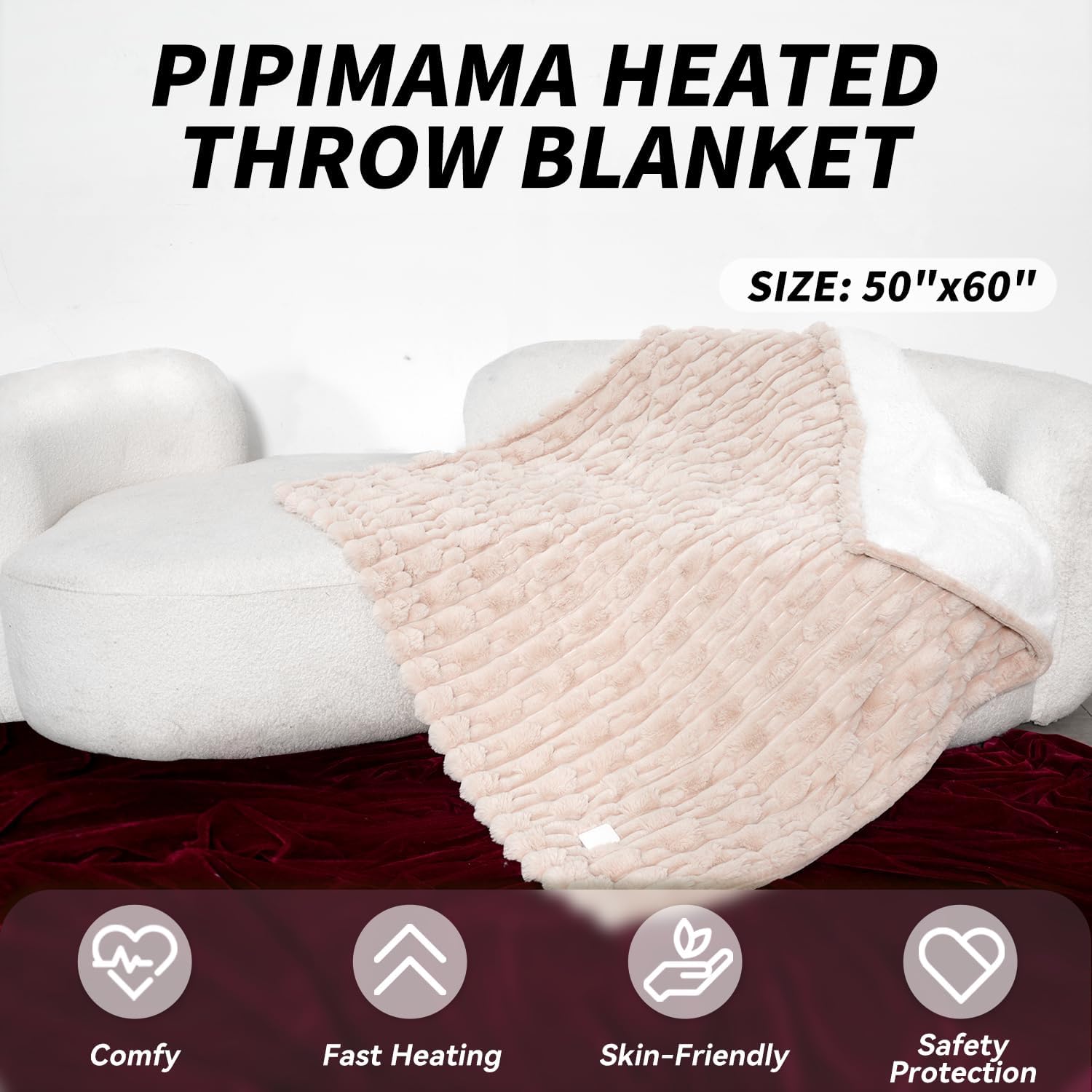Heated Electric Blanket Throw Size Faux Fur & Sherpa 50" x 60" Soft Heating Blanket with 6 Heating Levels & 1-8 Hours