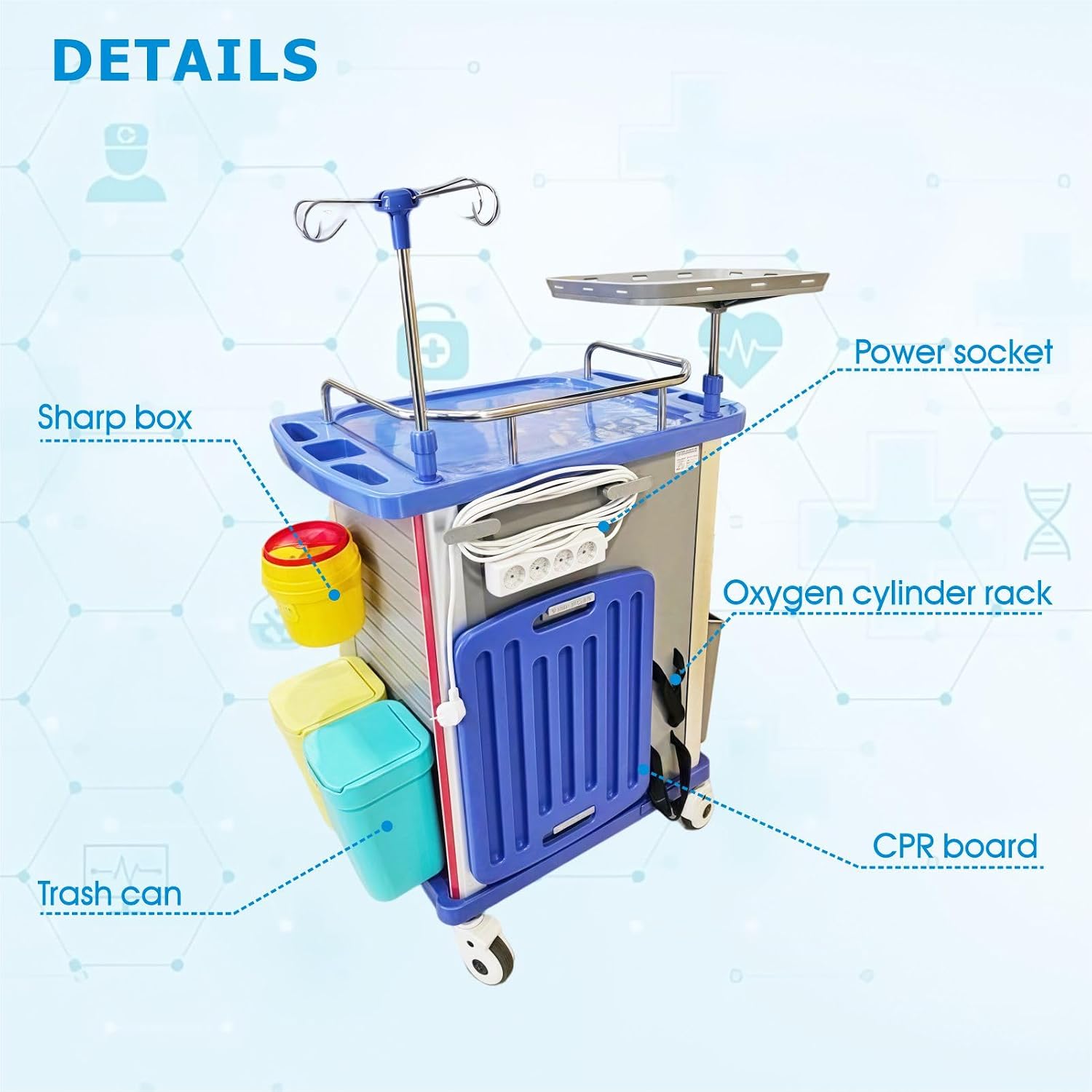 Crash Cart with Accessories Mobile Emergency Treatment Trolley with IV Pole, Cardiac Board, O₂ Tank Holder, Trash Bin