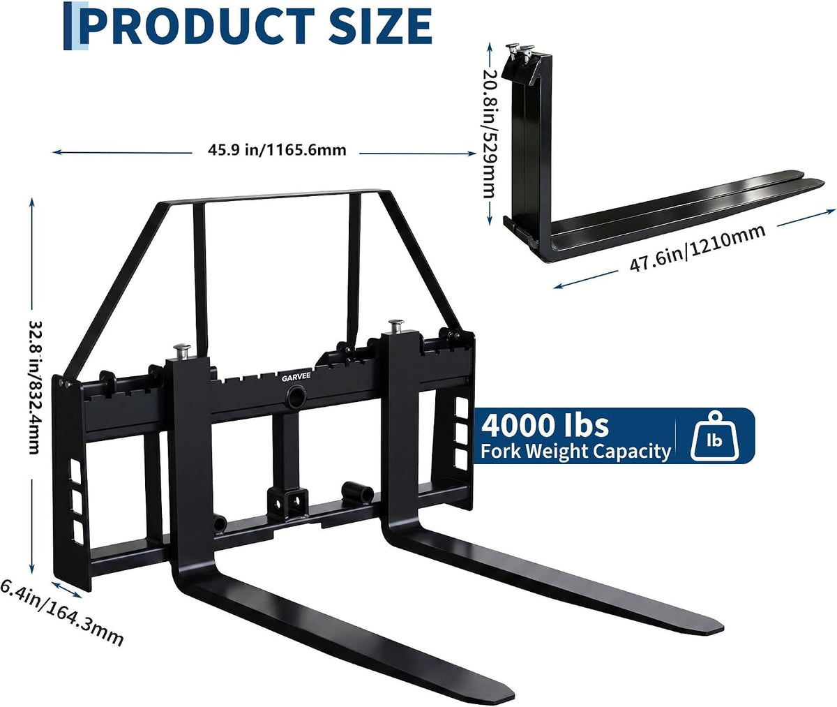 Skid Steer Pallet Fork Frame with 48" Fork Blades for Loaders | 4000Lbs, Pallet Fork Attachment with 2" Hitch